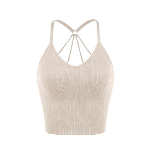 Image of ODODOS Seamless Padded Sports Bra for Women Strappy Longline Wirefree Brami Ribbed Crop Tank Tops
