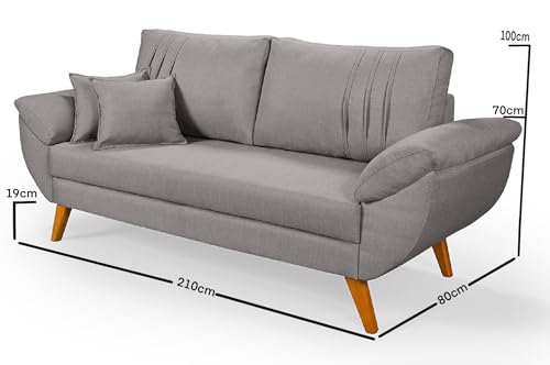 Essencial Estofados, Sofa Retro 3 Lugares Linho Almofadas Soltas Pes em Madeira Cor: Cinza