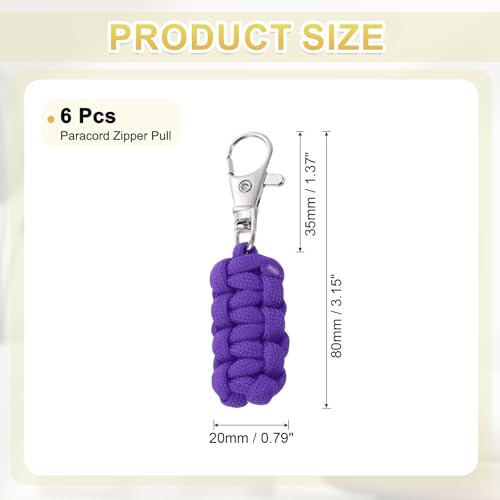 Image of YELARXI Paracord Zipper Pull Polyester Zipper Pulls Replacement Woven Rope with Metal Clasp, 80 mm Length Fit for Backpacks Clothing Luggage Accessories - Cylinder (6 Pack, Dark Purple)