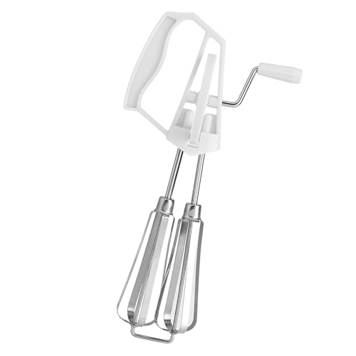 Jeanoko 1PCS Egg Beater Mixer, Stainless Steel Rotary Hand Whip Whisk, Cooking Tool, Easy to Use and Clean for Baking and Making Sauce,25.5 x 12 x 7cm (White)