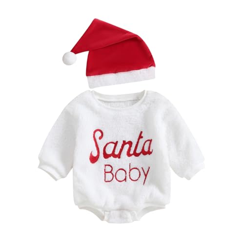 Image of Newborn Baby Girl Boy Christmas Romper Sweatshirt Santa Bodysuit Hat Infant Christmas Clothes Outfit (White, 3-6 Months)