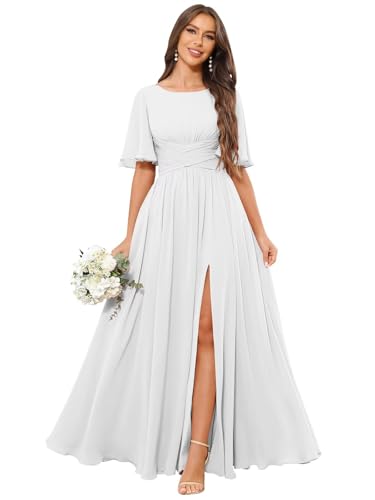 Bridesmaid Dresses with Pockets Slit Chiffon Long Ruffles A Line Scoop Neck Formal Wedding Guest Dress