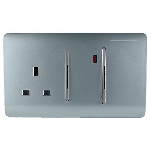 Trendi Switch Screwless Artistic Modern Decorative Glossy 45 A Cooker Switch Control Unit & Single Plug Socket Inc Neon Indicator for Indoor Use in Cool Grey