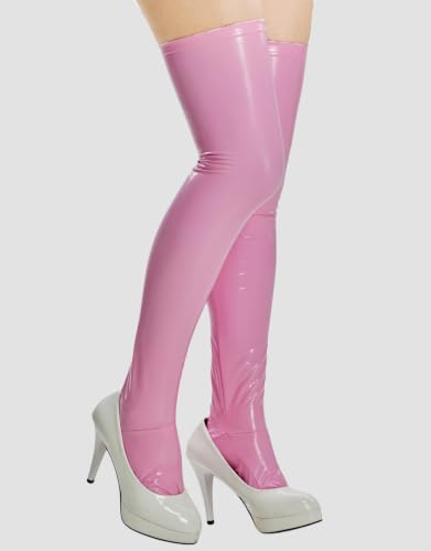 Image of Mobbunny Women PU Leather Thigh Stockings Cosplay Thigh High Stockings Shiny Over Knee Long Boot Sock Pink White