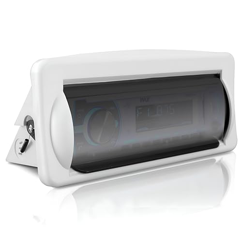 Image of Pyle Water Resistant Marine Stereo Cover - Smoke Colored Heavy Duty Boat Radio Protector Shield with Flip-up Door & Spring Loaded Release - Mounting Gasket Included - Pyle PLMRCW2,White