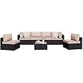 Shintenchi 7 Pieces Outdoor Patio Sectional Sofa Couch, Black Wicker Furniture Conversation Sets with Washable Cushions & Glass Coffee Table for Garden, Poolside, Backyard (Khaki)