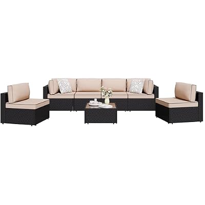 Shintenchi 7 Pieces Outdoor Patio Sectional Sofa Couch, Black Wicker Furniture Conversation Sets with Washable Cushions & Glass Coffee Table for Garden, Poolside, Backyard (Khaki)