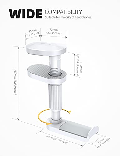 Image of Lamicall Headphone Stand, Headset Holder - [2025 Upgarded] 360 Rotating Headphone Hanger, Earphone Holder Hook Mount Clamp Under Desk for Airpods Max, Sennheiser, More, White