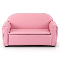 Costzon Kids Couch, 2 in 1 Double Seat Children's Sofa w/Under Seat Storage, PU Leather Surface, Toddler Armrest Chair, Kids Room, Soft Children Pink Sofa with Storage for Preschool Baby Girls Gifts