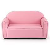 Costzon Kids Couch, 2 in 1 Double Seat Children's Sofa w/Under Seat Storage, PU Leather Surface, Toddler Armrest Chair, Kids Room, Soft Children Pink Sofa with Storage for Preschool Baby Girls Gifts