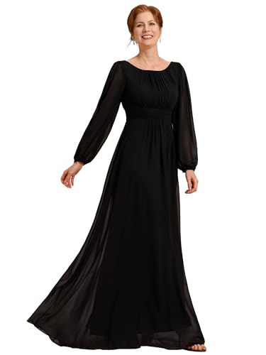 Ever-Pretty Damen Long Cocktailkleider Lange Ärmel Chiffon Rundkragen Ärmellos Schwarz 42EU
