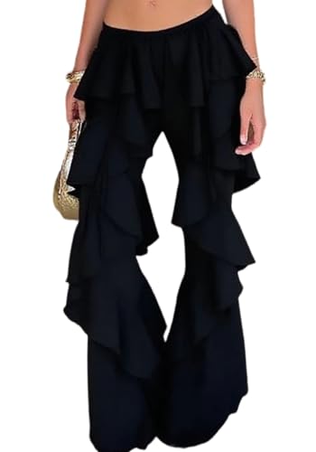 Women Layered Ruffle Tulle Pants High Waist Wide Leg Long Trousers Sheer Mesh Tiered Party Pants Black