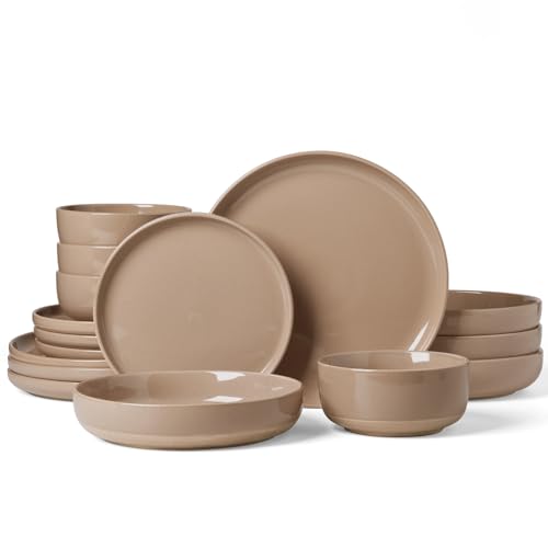 Image of Famiware Milkyway Stoneware Dinnerware Sets with Pasta Bowls, Service for 4 (16 Pieces), Plates and Bowls Sets -Scratch Resistant, Microwave and Dishwasher Safe Dishes Set, Cinnamon Brown