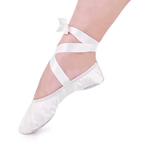 iCKER Girls Pink Ballet Dance Shoes Split Sole with Satin Ballet Slippers Flats Gymnastics Shoes BA01-White-12 Little_Kid