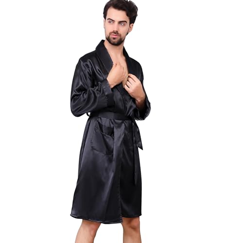 Haseil Men's Satin Kimono Robe Classic Silk Bathrobes Shawl Collar Sleepwear, Black,L