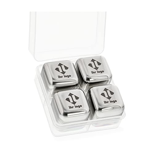 STEMPEL-FABRIK – personalisierte Eiswürfel aus Edelstahl – 4 gravierte Ice Cubes mit Aufbewahrungsbox – wiederverwendbare Kühlsteine für Getränke – Kühlung ohne Verwässern