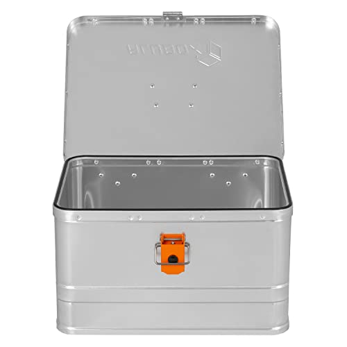 Alubox Werkzeugkiste EASY 29 Liter silber glänzend - orangne Schnallen - Griff oben - Außenmaße L 43,5 x B 35,5 x H 25 cm