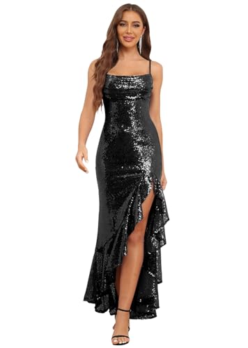 Sparkly Sequin Prom Dress with Slit Mermaid Spaghetti Straps Formal Evening Gowns for Women