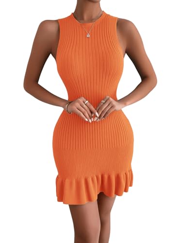 MakeMeChic Women's 2025 Summer Dress Casual Crochet Ribbed Knit Ruffle Hem Sleeveless Bodycon Tank Mini Dresses4