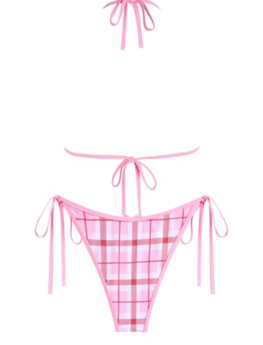 Image of ZAFUL Bikini Sets for Women Halter Bow Decor Tiny Floral Gingham Print Swimsuit Tie Side 2 Pieces Bathing Suit