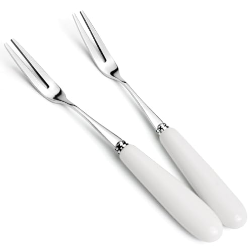 MEIYAHOME 5.8inch 18-10 Stainless Steel White Porcelain Handle Double Prong Fork Fruit Fork Fine Mirror Tea Fork, sus304 2-Tines Fork Party Dessert Forks, Appetizer, Cocktail, Pastry, Cake, Salad (2)