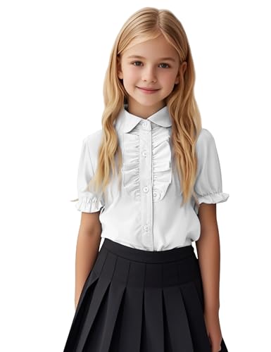 Girls Short Sleeve Button Down Shirts Ruffle School Uniform Crop Tops Peter Pan Collar Plaid Blouse 4-13Y4