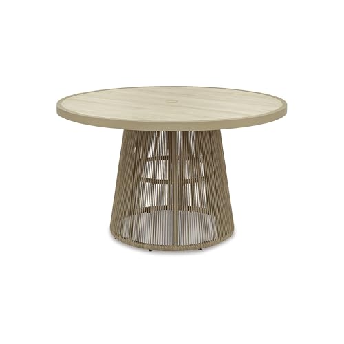 Signature Design by Ashley Ocean Park Contemporary Weather and Rust Resistant Outdoor Dining Table with Umbrella Hole, Beige
