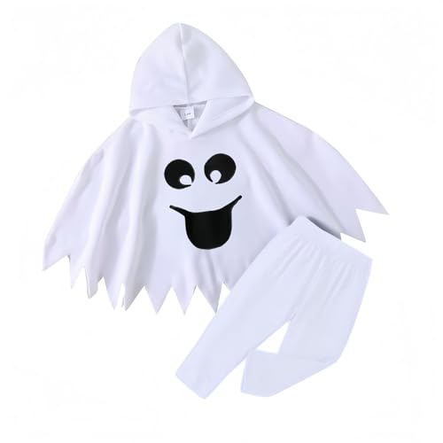 Toddler Baby Boys Girls Halloween Costume White Ghost Cloak Hooded Top Black Long Pants Fancy Dress Cosplay Clothes (White-1,5-6 Years)