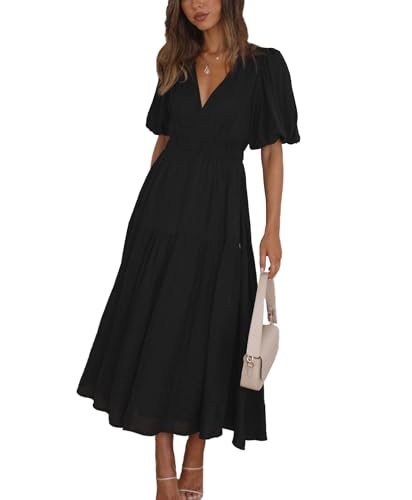 Image of Women's Summer Deep V Neck Puff Short Sleeve Tiered Maxi Dress Flowy A Line Long Dresses