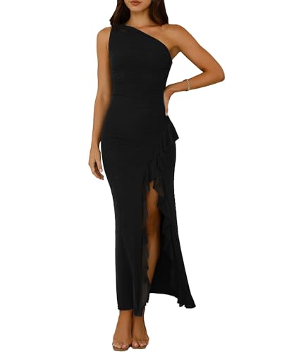 Women's Summer Dresses Bodycon Sexy One Shoulder Side Slit Ruffles Elegant Prom Cocktail Wedding Guest Mesh Maxi Dress