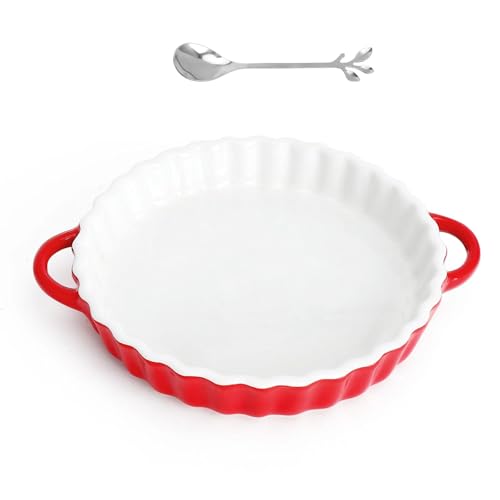 Ceramic Quiche Dish Pie Dish for Baking, Crinkle Rim, for The Oven Tart Quiche Pans for Cooking, and Fruit Pies with Small Spoon 26 * 21 * 4cm