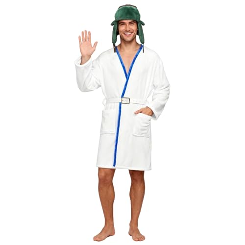 Harsever Christmas Cousin Costume Men 4 PCS White Robe Set Belt with Trapper Hat for Adlut Mens Christmas Party Cosplay Costume Funny Winter Vacation