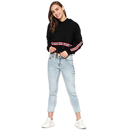Image of PINACOLADA Women Black Solid Crop Hooded Sweatshirt