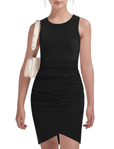 EXARUS Girls Bodycon Short Ruched Pencil Dresses Fitted Sleeveless Tank Crew Neck Casual Mini Dress