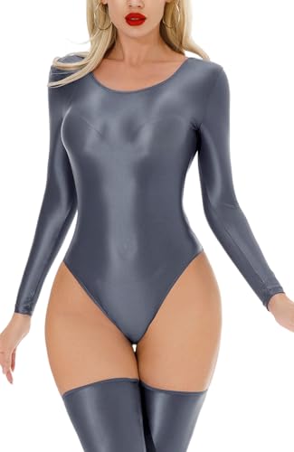 Maeau Damen Bodysuit Ölig Glanz Babydoll Nachtwäsche Transparent Playsuit Figurbetont Clubwear Trikot XL