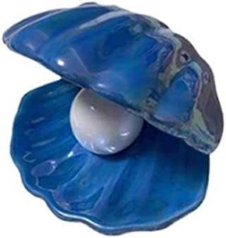 Nicolar Shell Pearl Light LED Lamp Ceramic Night Light Pearl in Shell Desktop Ornament for Bedroom Living Room Decoration (Dark Blue)
