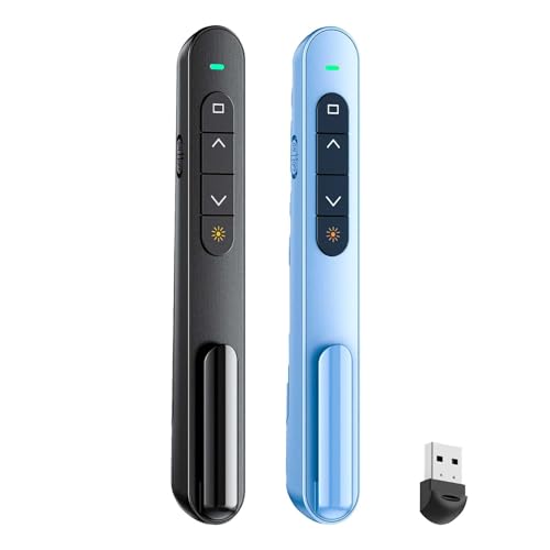 QUI 2 Pack Wireless Presenter Remote, 2.4GHz RF Presentaion Clicker with Hyperlink Volume Control, USB Presentation Remote for Mac, Laptop, Google Slides (USB, Black Blue)