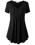 BAISHENGGT Women's Tunic Tops for Leggings Summer Short Sleeve Henley V Neck Button Casual Blouses Flowy T Shirt Black XL