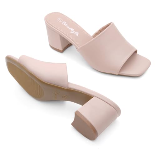 Image of Herstyle Square Open Toe Heeled Sandals for Women 2.5 Inch Low Block Chunky Heel Sandals Slip-On Mules Comfortable Dress Shoes for Party Wedding Office