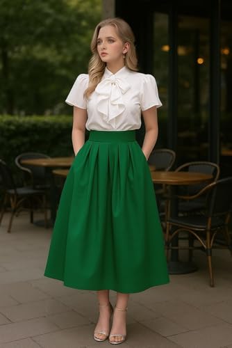 Women's Fashion High Waist A-Line Knee Length Taffeta Skirts with Pockets2