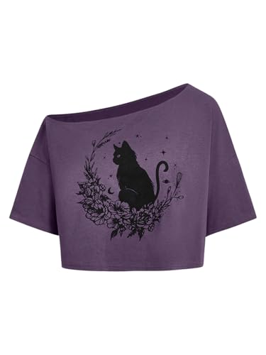 SOLY HUX Women's Off The Shoulder Crop Tops Graphic Tees Y2k Short Sleeve Loose Fit T Shirts Streetwear