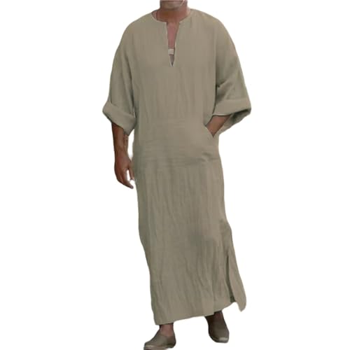 Men's Kaftan Robe Arabic T Shirts Cotton Long Sleeve Thobe V-Neck Linen Robe Casual Side Split Gown Shirt with Pockets