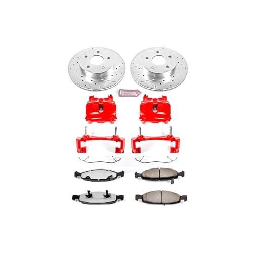 Image of PowerStop Front Brake & Caliper Kit for Jeep Grand Cherokee 1999-02 - Drilled & Slotted Disc Rotors + Z36 Brake Pads + Red-Powder Coated Calipers, KC2147-36