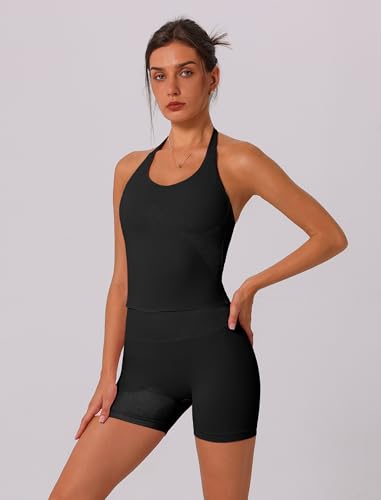 Image of ABOCIW Workout Sets for Women 2 Piece seamless Halter Sports Bra Scrunch Butt Impact Shorts Gym Yoga Outfits