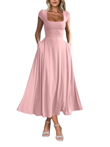 YMDUCH Women's Casual Short Sleeve Square Neck Solid Slim Flowy Maxi Dress with Pockets Pink