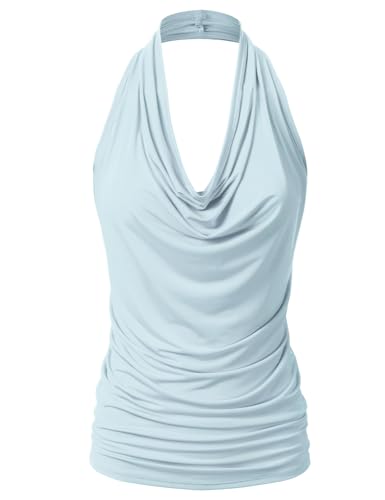 EIMIN Women's Casual Halter Neck Draped Front Sexy Open Back Tank Top LIGHTBLUE L
