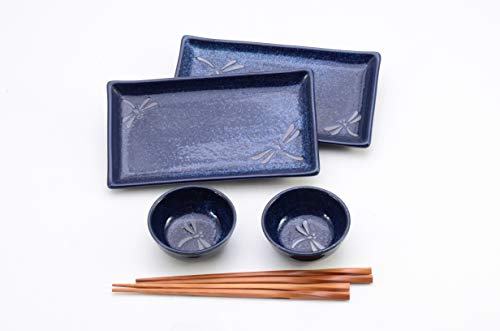 Hinomaru Collection Japanese Dragonfly Tombo Design 6 Piece Dinner Set Rectangular Sushi Plate
