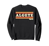 Diseño de estilo retro de los años 80 con Algete España en tipografía clásica vintage con cálidos detalles de rayas inspirados en el atardecer. Perfecto para cualquier persona que disfrute de gráficos icónicos de viaje y estética retro nostálgica.