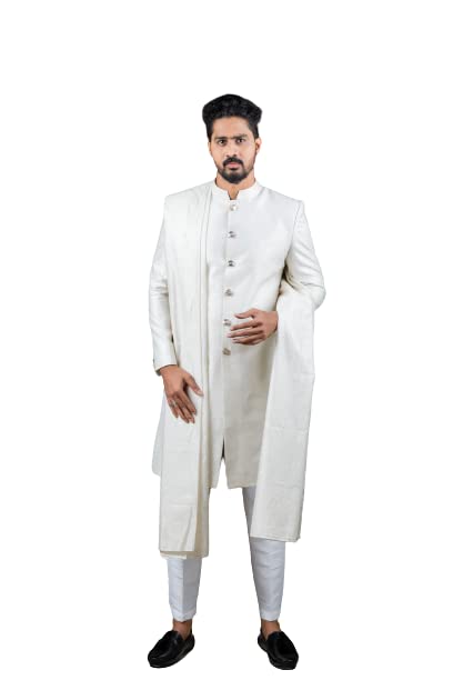 White sherwani with dupatta & straight cut pant-image-2