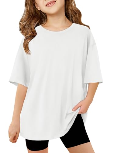 Haloumoning Mädchen T-Shirt Kurzarm Kinder Sommer Oversized Tops Rundhals Lässige Oberteile Freizeit Sport Shirts Einfarbig Basic Tshirts für Mädchen 5-14 Jahre Weiß 150